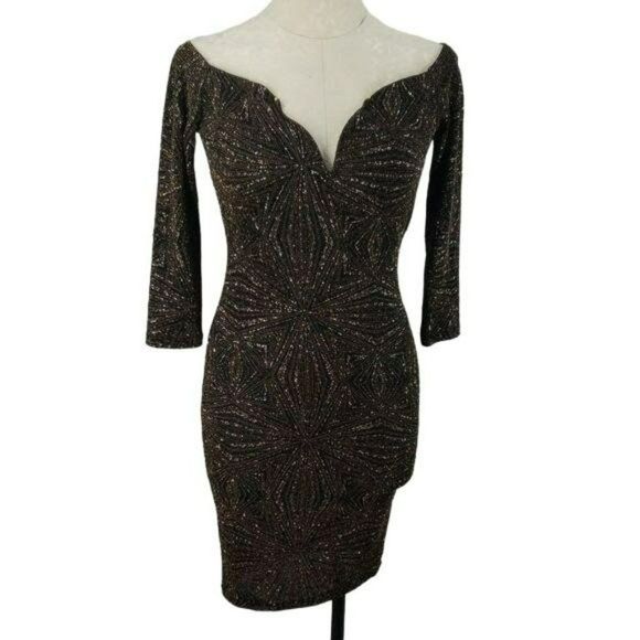 Iris Black and Gold Metallic Deep V Neck Bodycon Long‎ Sleeve Size Medium Dress - Picture 1 of 8
